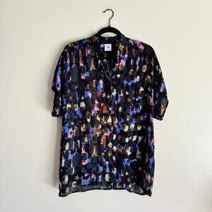 Cabi Black + Multicolor Spotted Abstract Sabine Water Color Short Sleeve Blouse